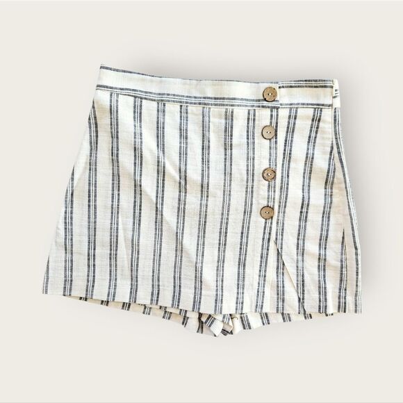 NWT Zara Cotton Linen Look Striped Ecru Button-Front High Waist Skort Skirt L - Picture 6 of 13